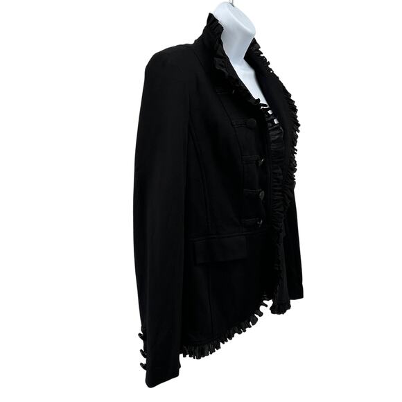 Chico’s Military Style Ruffle Trim Blazer Jacket WMNS 0 Black Open Front Button - Picture 4 of 15